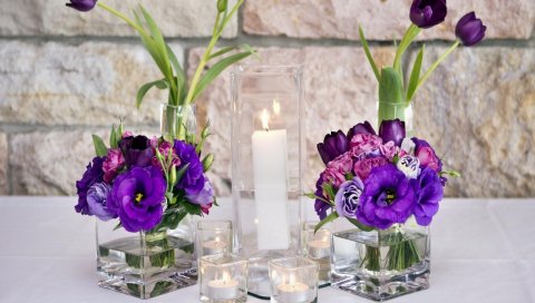 Тюльпаны, lisianthus russell, цветы, свечи, стаканы