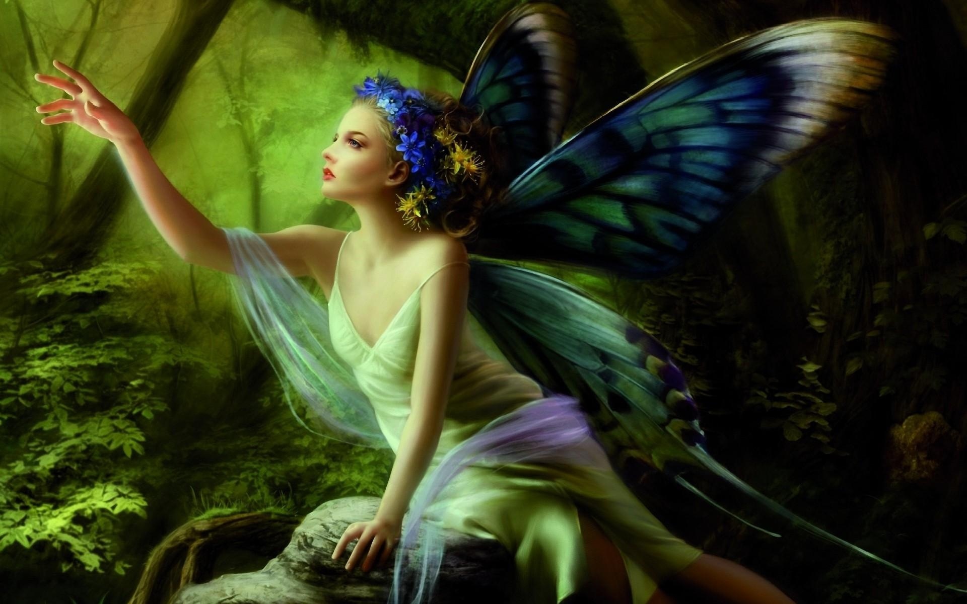 Картинки Девушка, крылья, бабочка, дерево, цветы, рука фото и обои на рабочий стол