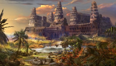 Храм, разрушение, пальмы, разные мира