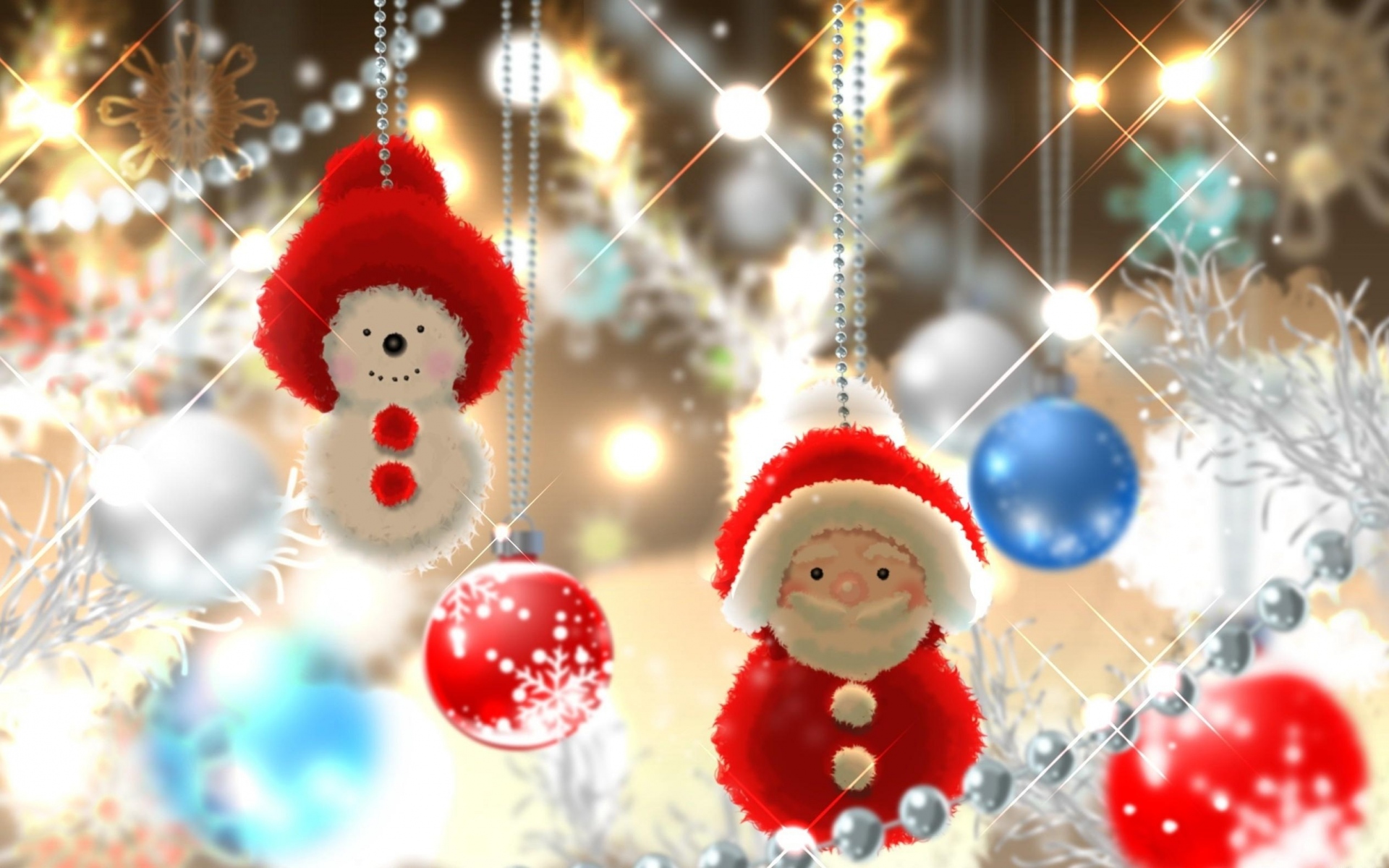 Картинки Санта-Клаус, снеговик, шары, рождественские украшения, пряжа фото и обои на рабочий стол