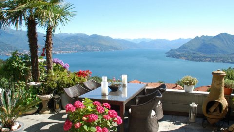 Озеро, горы, балкон, вид, настроение, удовольствие, отдых, Италия, stresa, maggiore
