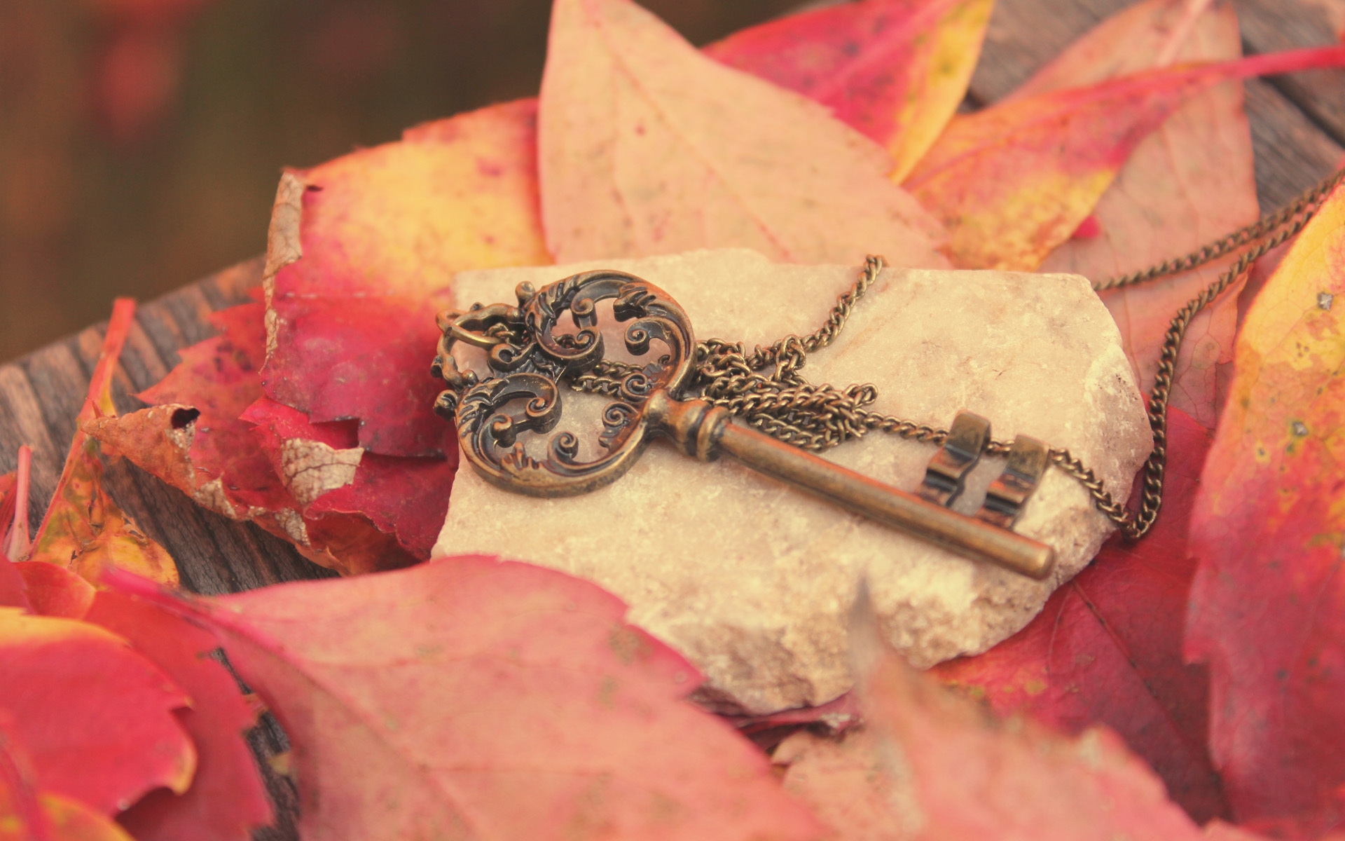 Картинки Ключ, металл, листья, осень, красный, цепь, камень, доска фото и обои на рабочий стол