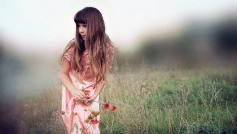 Девушка, полет, трава, платье, природа