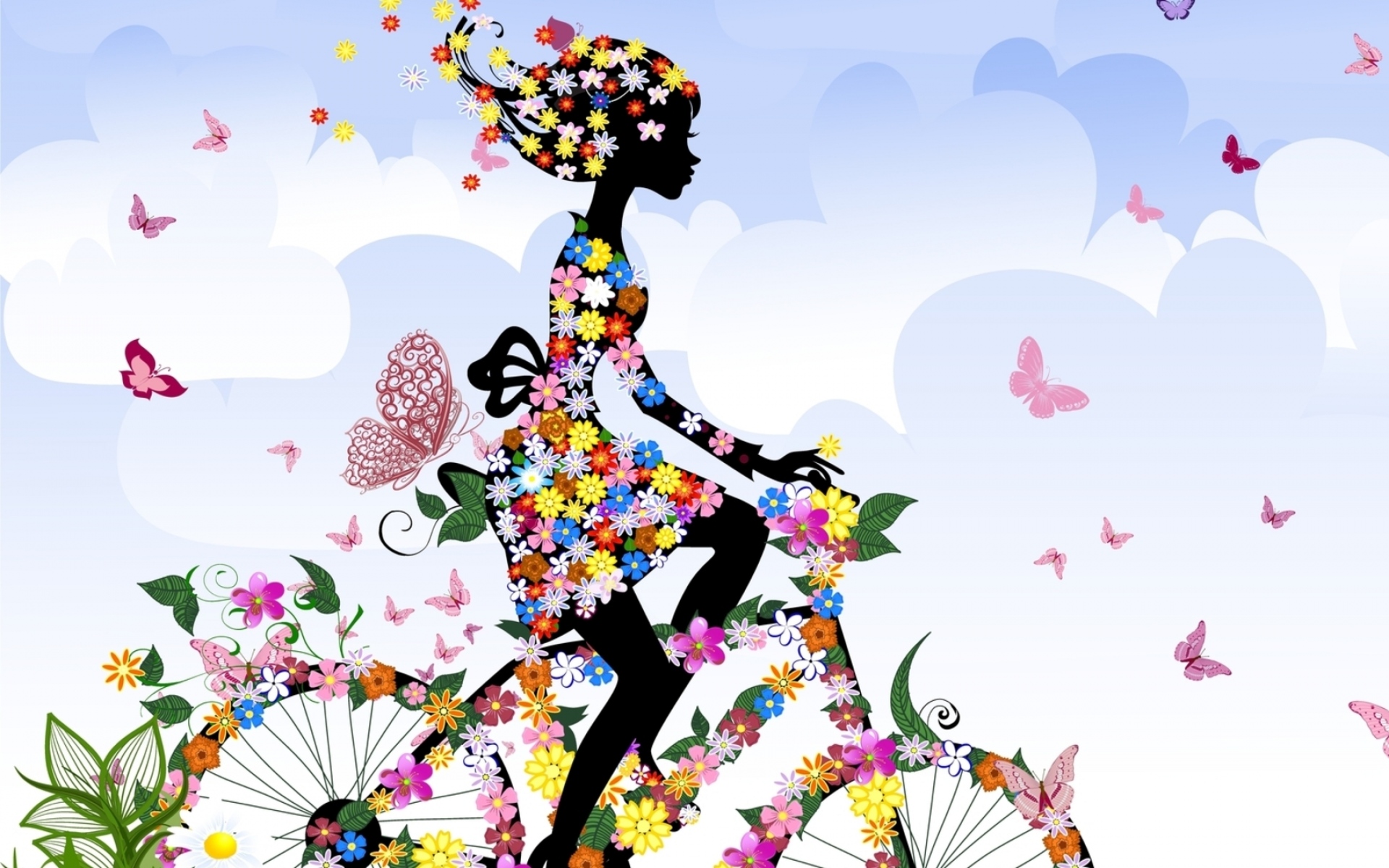 Картинки Девушка, велосипед, цветы, бабочки фото и обои на рабочий стол