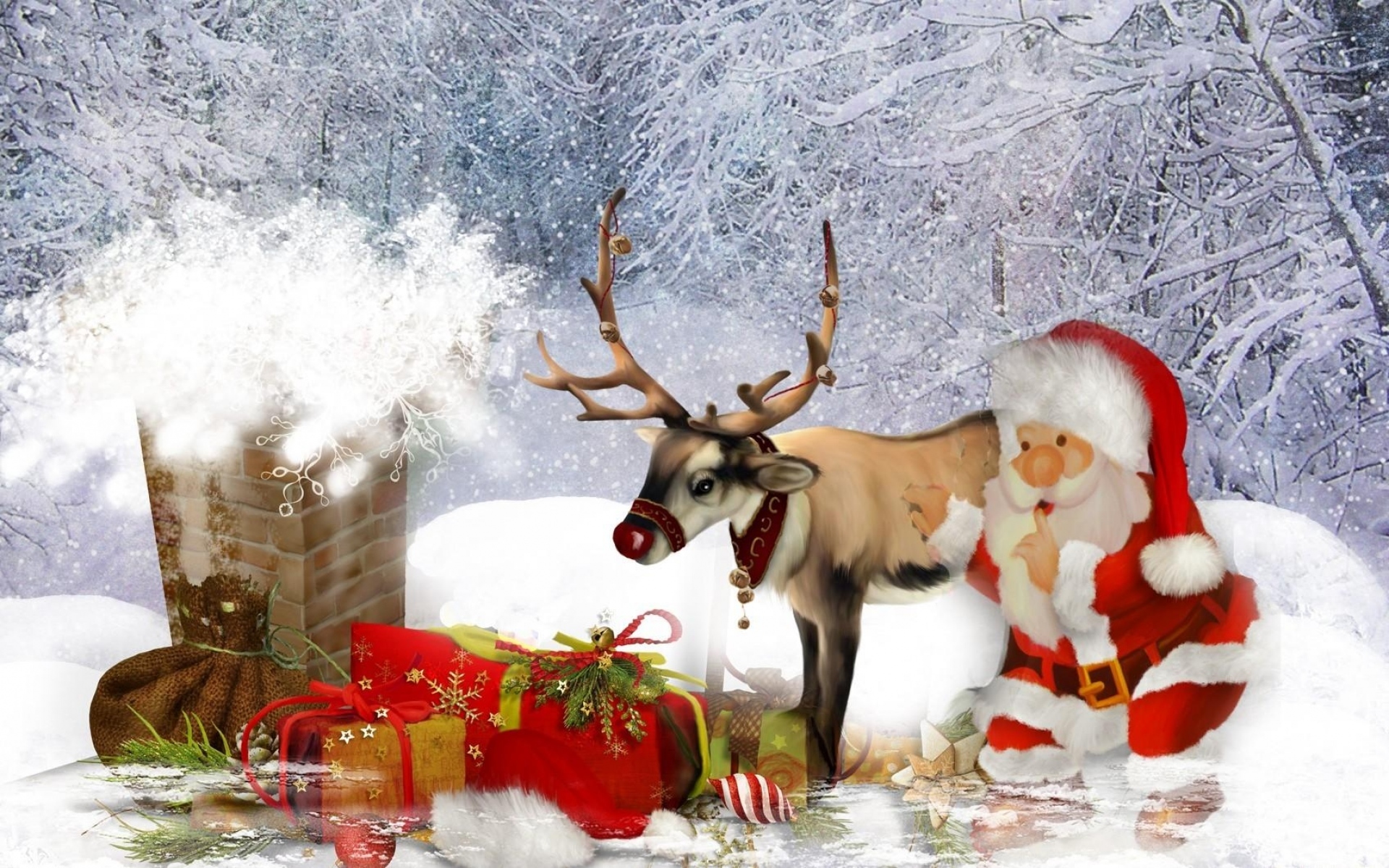 Картинки Олень, Санта-Клаус, труба, крыша, подарки, рождество фото и обои на рабочий стол