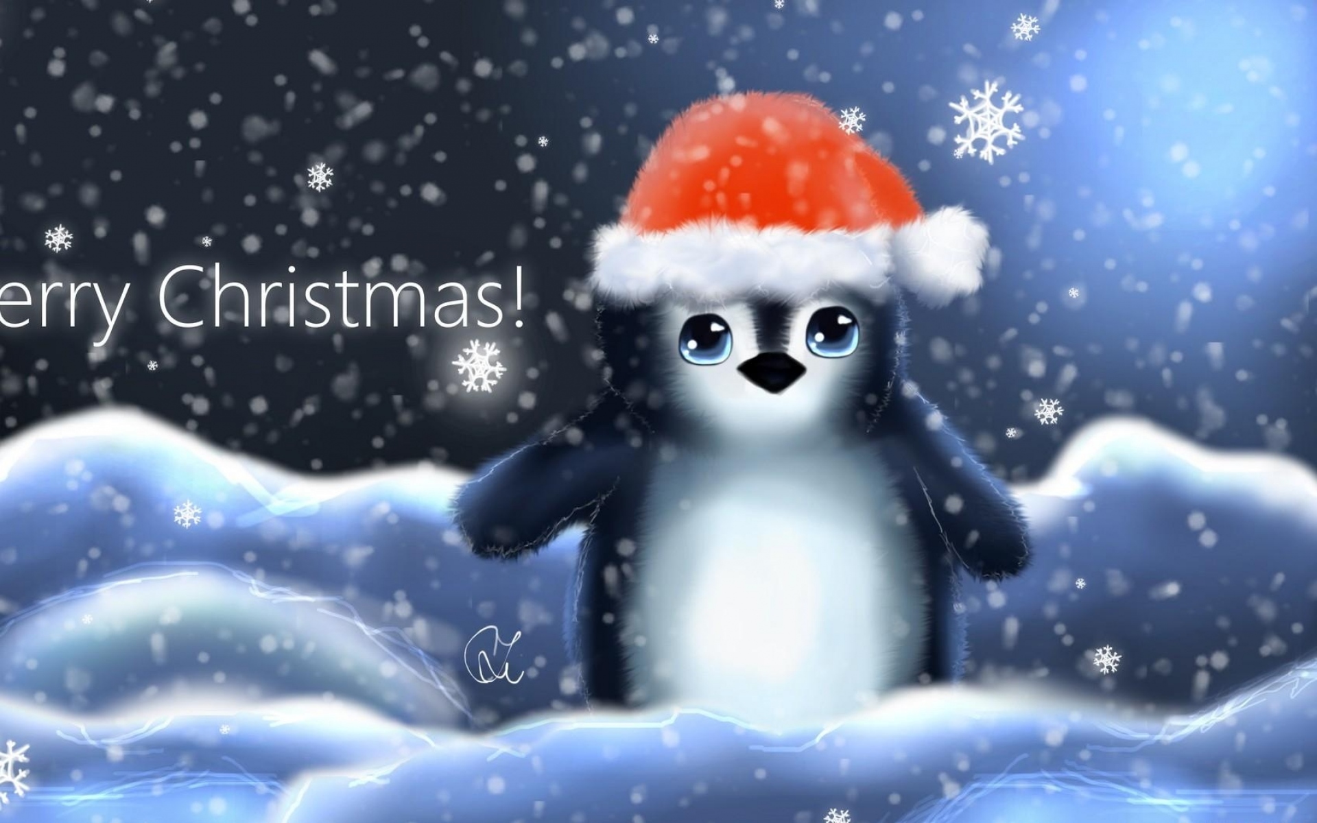 Картинки Пингвин, шляпа, детеныш, снежинки, рождество, надпись фото и обои на рабочий стол