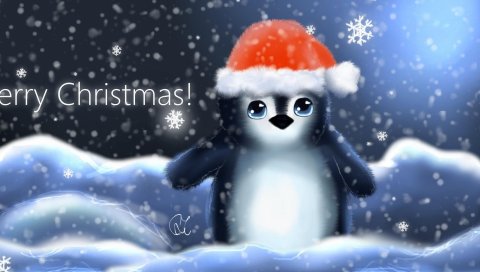 Пингвин, шляпа, детеныш, снежинки, рождество, надпись