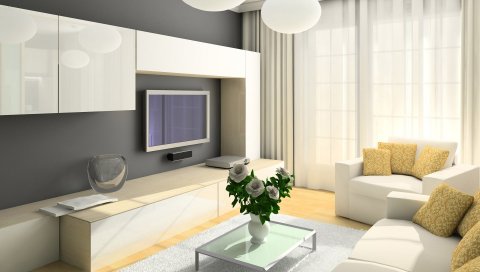 Комната, диван, телевизор, дизайн, интерьер, стул, шкаф, стол, букет