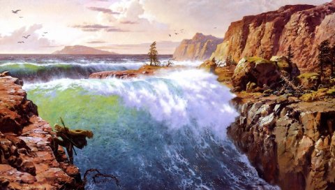водопады, скалы, ветер, птицы, воин