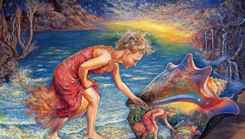 девушка, вода, Уотерсайд , раковина, отражение