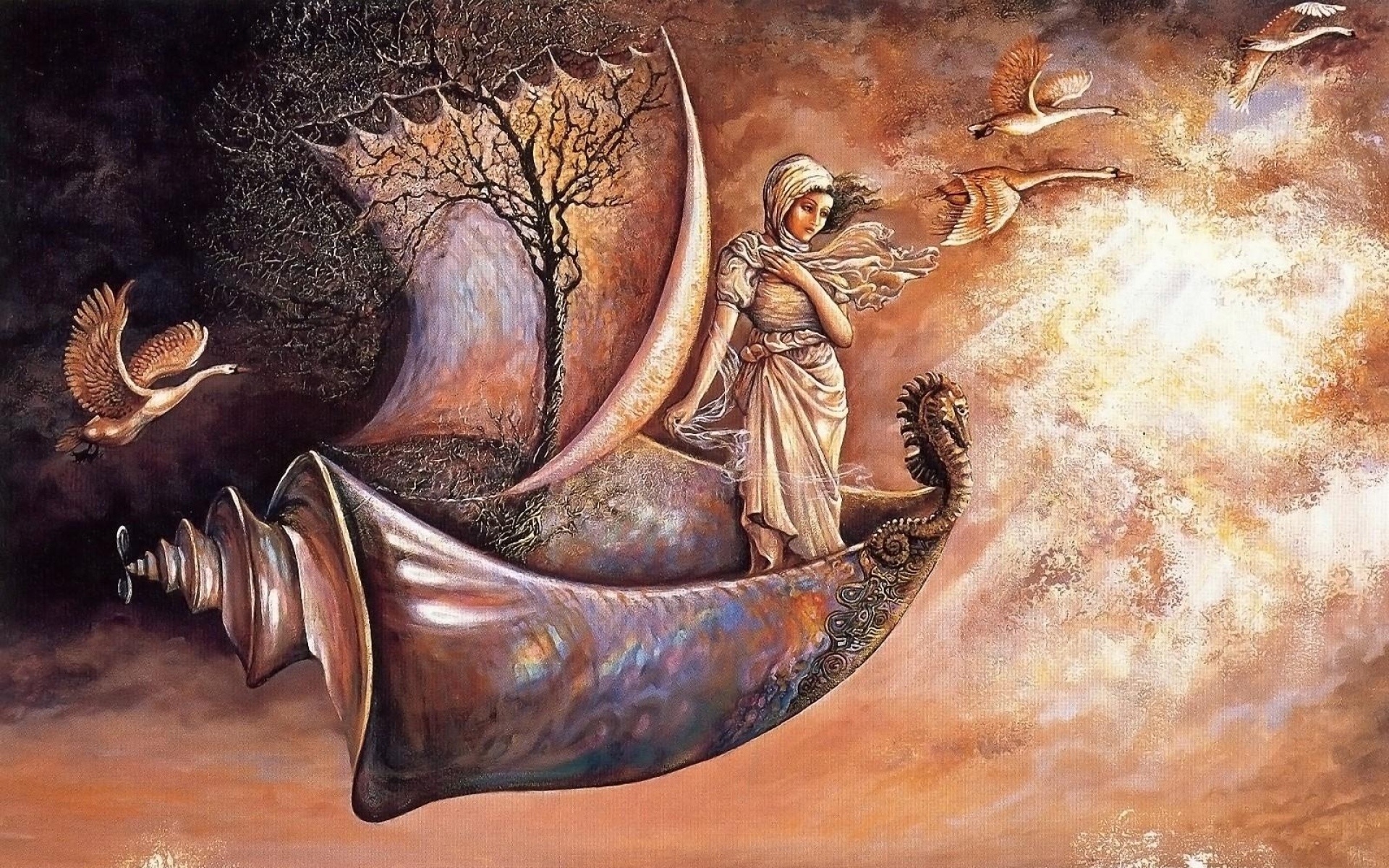 Картинки девушка, корабль, птицы, парус, дерево, море, волны фото и обои на рабочий стол