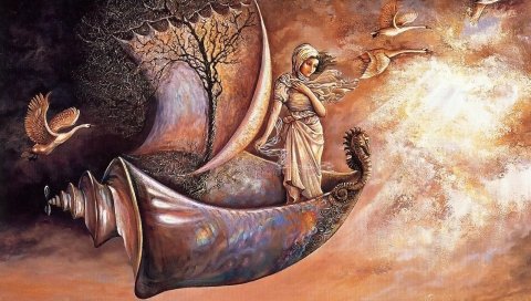 девушка, корабль, птицы, парус, дерево, море, волны