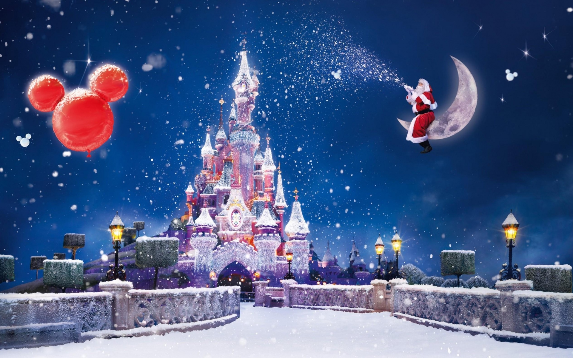 Картинки Санта - Клауса, магия, луна, снег, замок, воздушные шары, праздник, Рождество фото и обои на рабочий стол