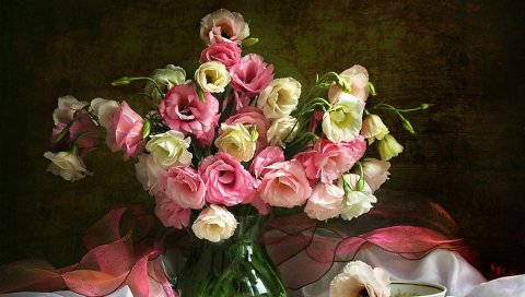 Lisianthus рассел, букет, ваза, ткань, шелк, чай пара
