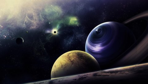 планеты, круг, вспышки, сияния, галактики