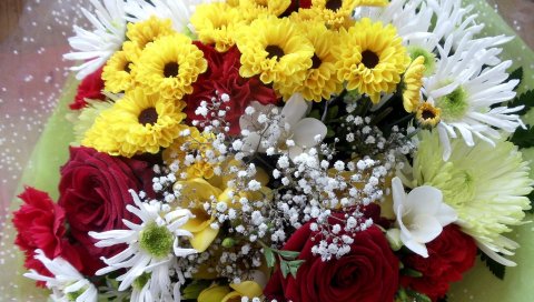 роза, хризантемы, гвоздики, гипсофил, букет, декор