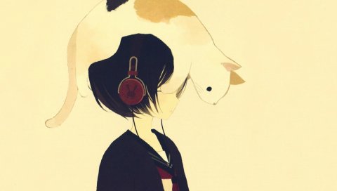 Рисунок, кошка, наушники, нежность