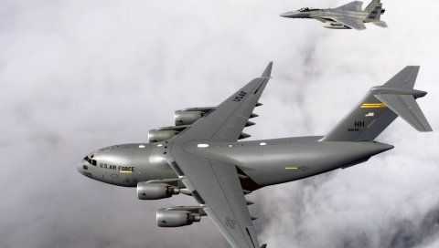 F-15 орел, c-17 globemaster, самолет, небо, облака
