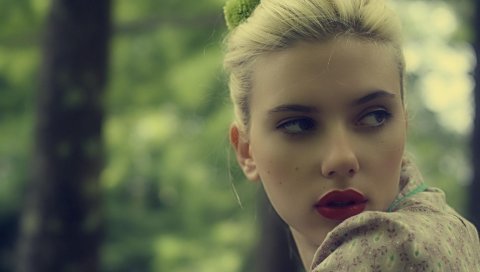 Scarlett johansson, лицо, помада, макияж, яркие, волосы