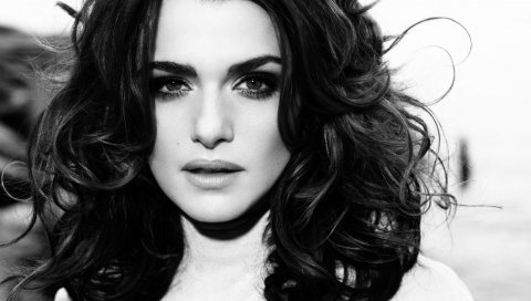 Rachel weisz, брюнетка, карие глаза, лицо, волосы, черно-белые