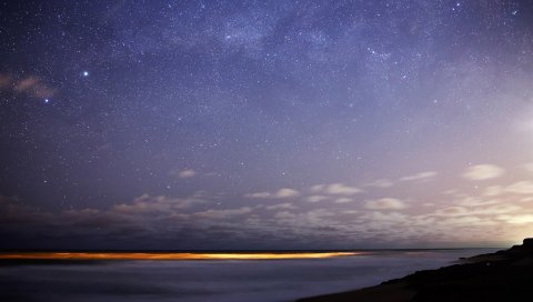 Звезды, небо, ночь, море, горизонт