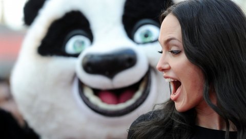 Angelina jolie, брюнетка, эмоция, ветер, волосы, панда