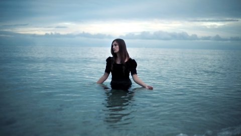 Девушка, брюнетка, вода, море, изображение, настроение