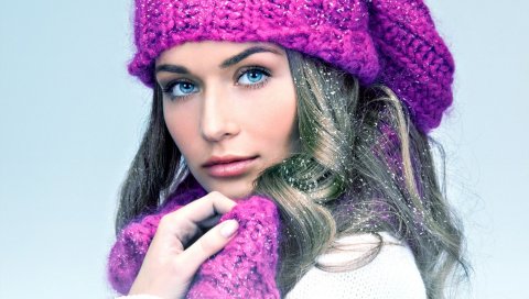 Девушка, голубые глаза, шляпа, шарф
