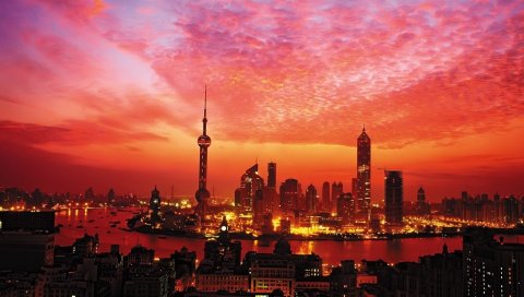 Шанхай, здания, небо, свет, небоскреб
