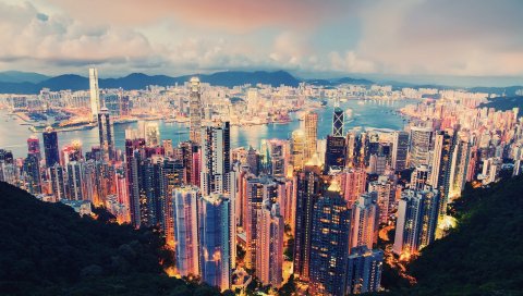 Hong kong, небоскребы, ночь, вид сверху