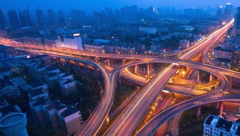 Дорога, ночь, мост, здание, вид сверху