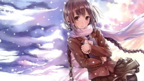Kazuharu kina, снег, девушка, метель, коса
