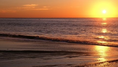 закат, море, песок, горизонт, вечер, пляж, свет, блики, волны, оранжевая, рябь, спокойные