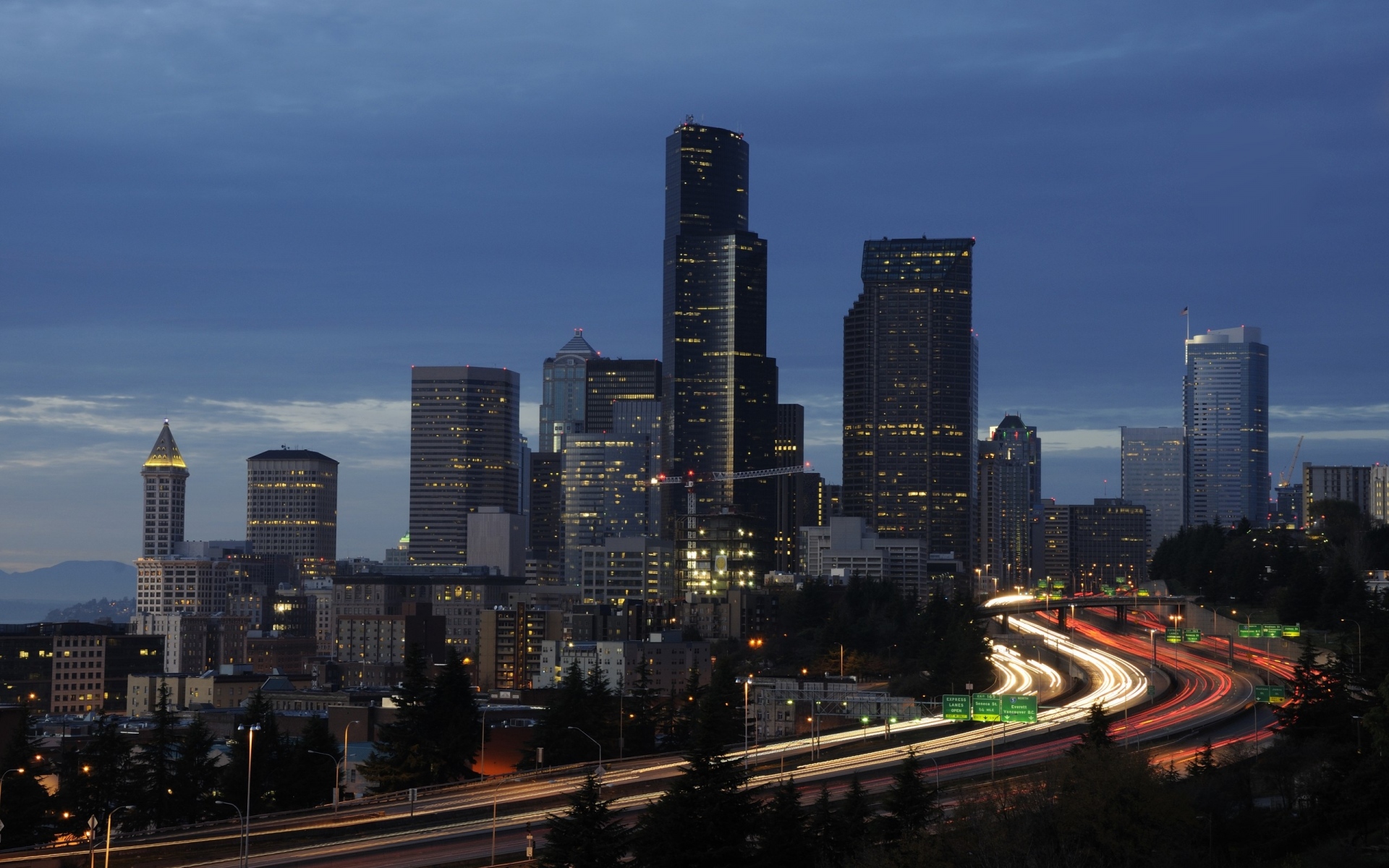 Картинки Сиэтл, горизонт, ночь, здание, мост, дорога фото и обои на рабочий стол