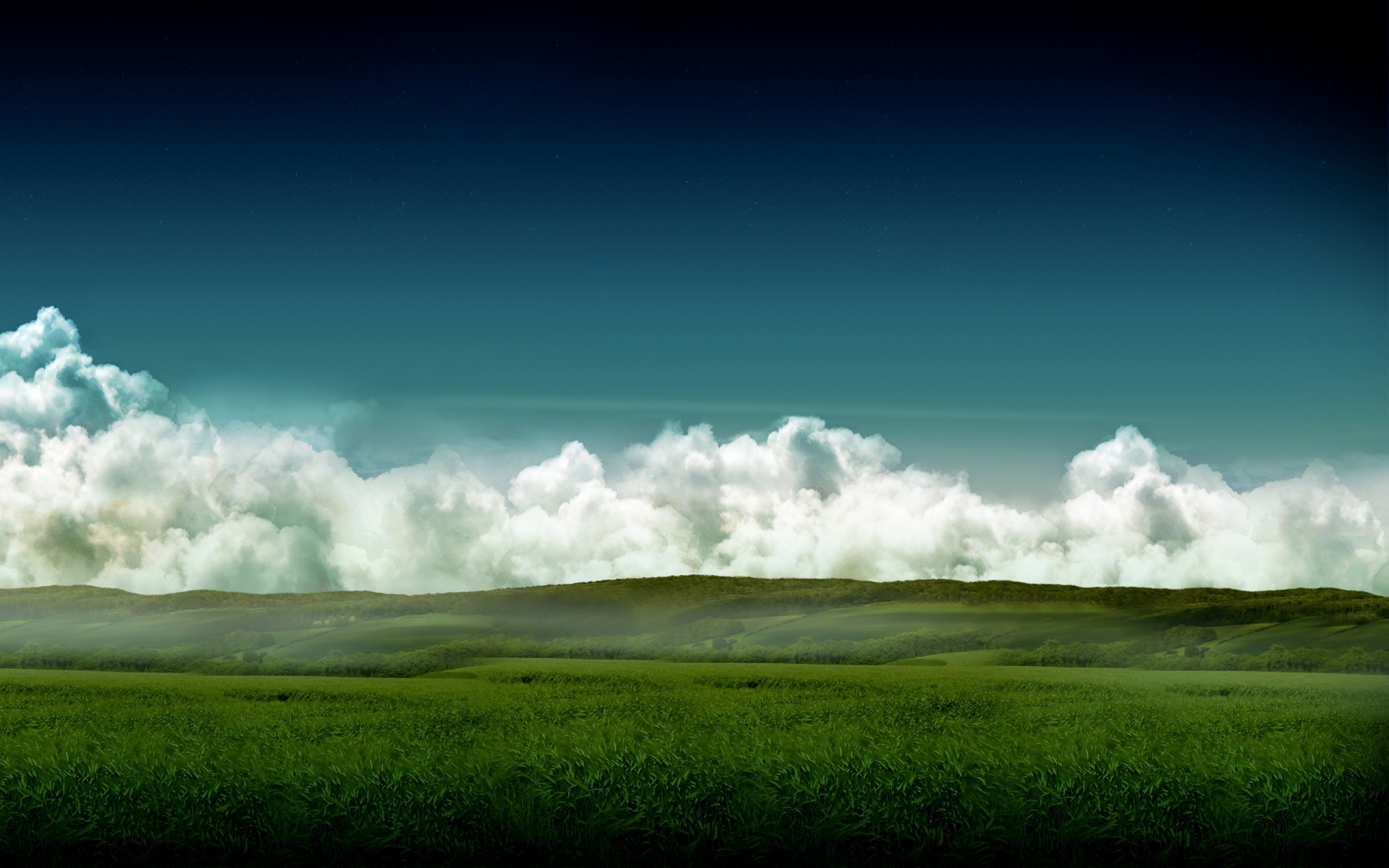 Картинки Луга, поля, облака, небо, объем, цвета, дымка, трава, лето, зеленый, след фото и обои на рабочий стол
