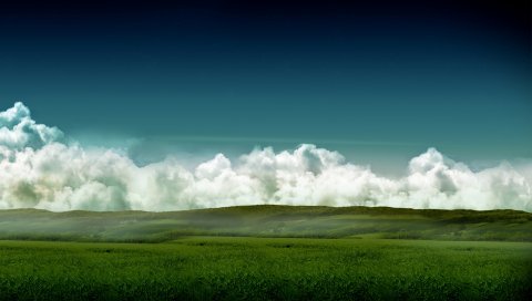 Луга, поля, облака, небо, объем, цвета, дымка, трава, лето, зеленый, след