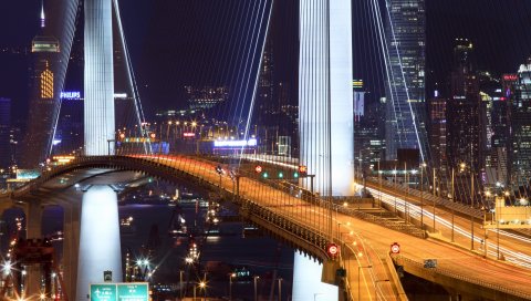 Город, мост, огни, ночь, мегаполис