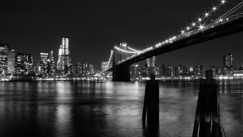 Нью-Йорк, мост, здание, ночь, черный белый