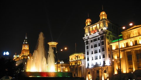 Shanghai, букет, фонтан, здание, свет, ночь