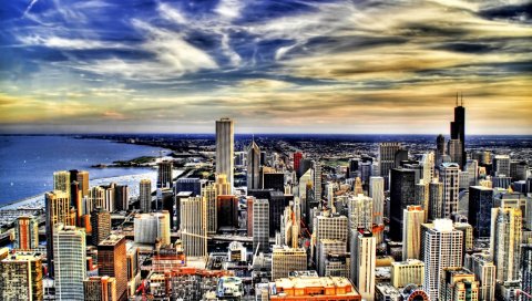 Chicago, здание, вид сверху, яркий, hdr