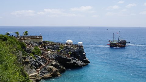 Море, лодка, корабль, холм, трава