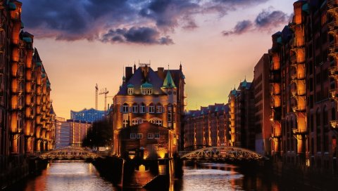 Гамбург, германия, speicherstadt, склад, вечер, здание