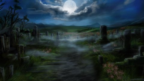 Кладбище, надгробные плиты, полнолуние, дорога