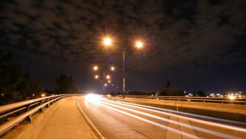 Дорога, ночь, мост, свет