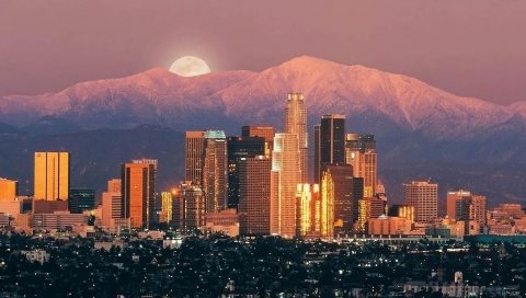 Лос-Анджелес, небоскребы, восход солнца, горы, горизонт