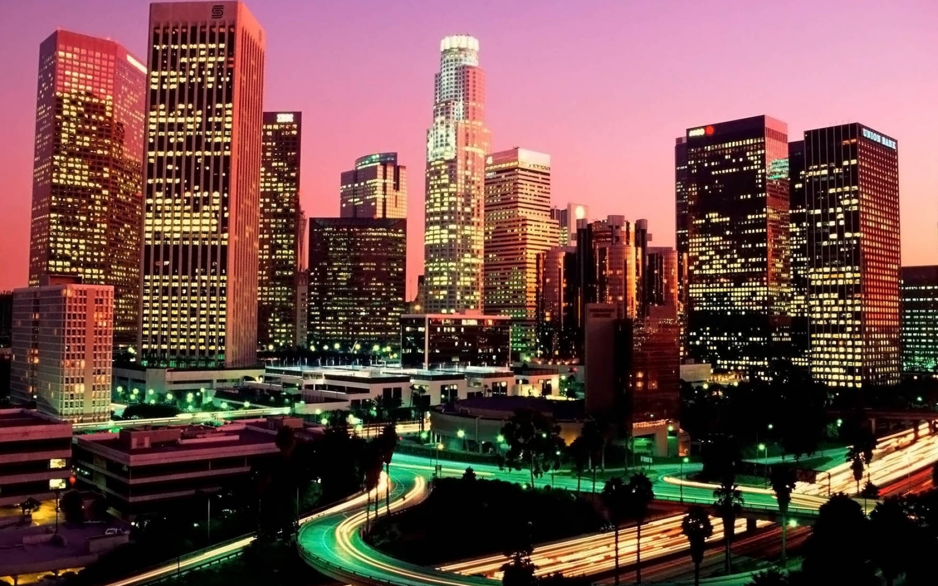 Картинки Лос-Анджелес, небоскребы, ночь, дорога, мегаполис фото и обои на рабочий стол