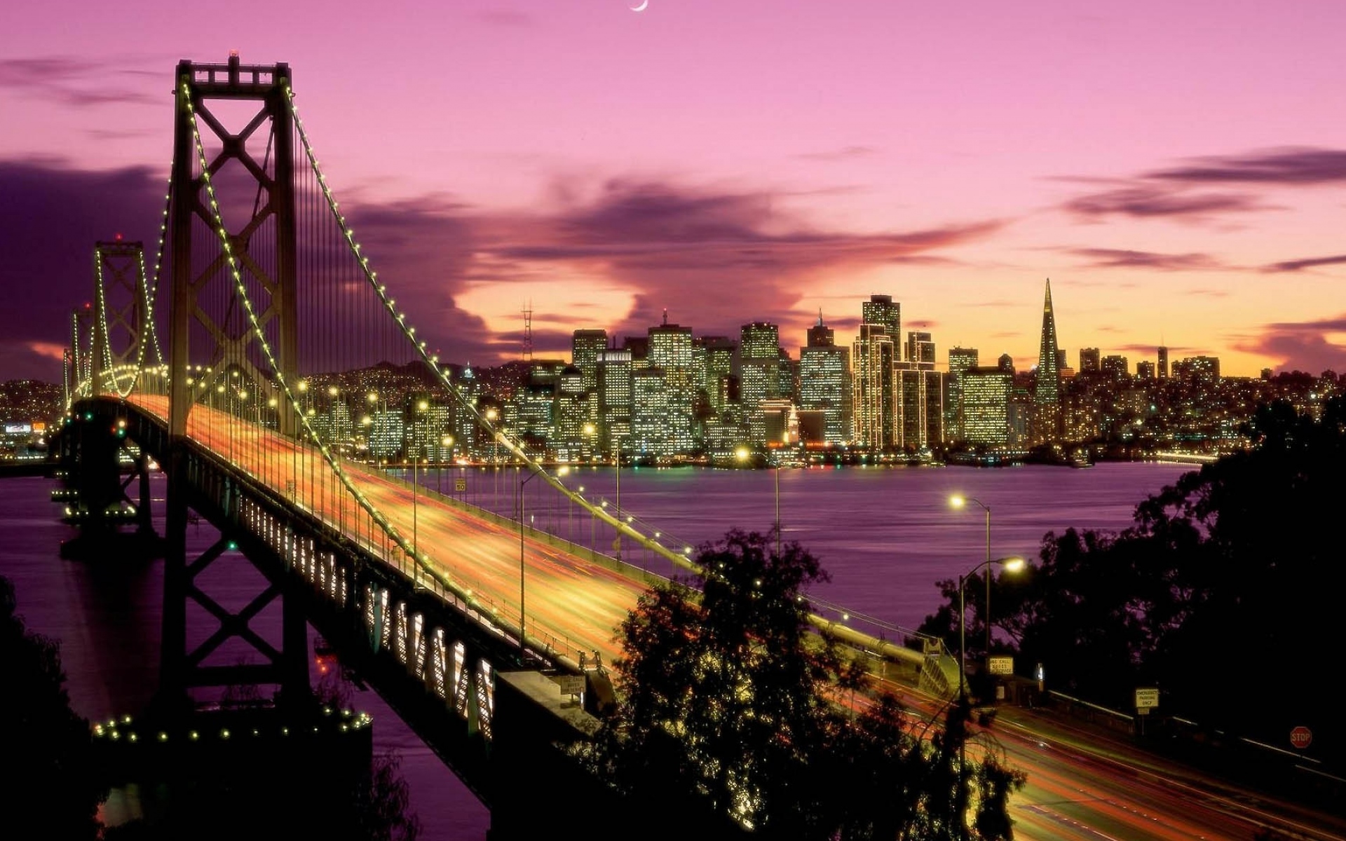 Картинки Сан-Франциско, мост, мост, ночь, небоскребы фото и обои на рабочий стол