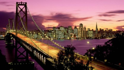 Сан-Франциско, мост, мост, ночь, небоскребы