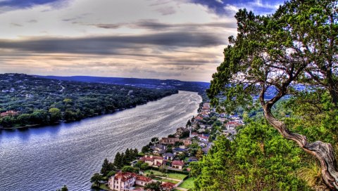 Река, здания, небо, трава, hdr