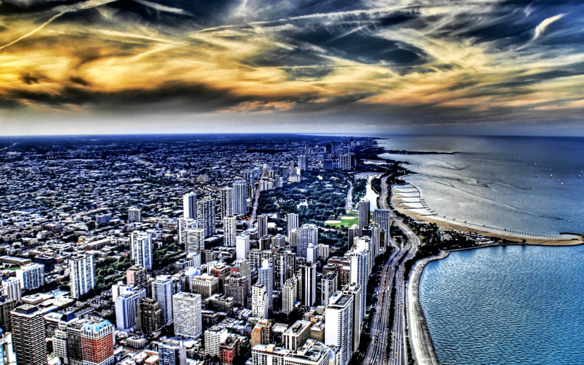 Картинки Чикаго, пляж, океан, здания, небоскребы, вид сверху, hdr фото и обои на рабочий стол